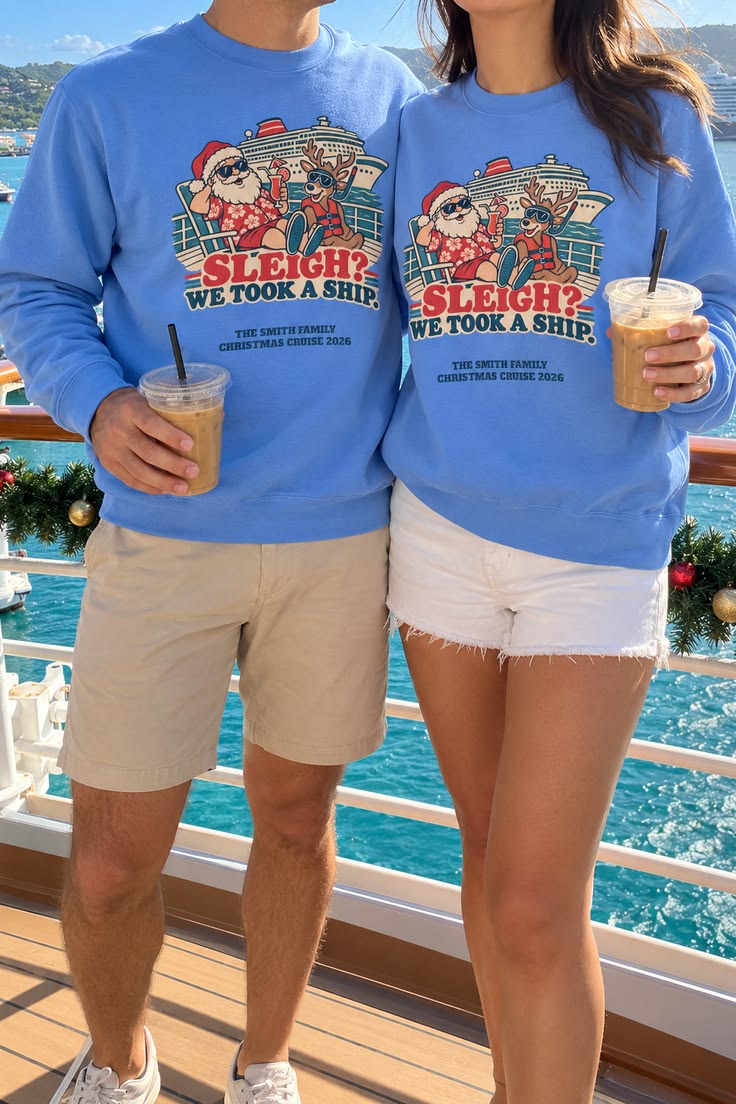 Matching family Christmas cruise sweatshirts on a cruise ship deck