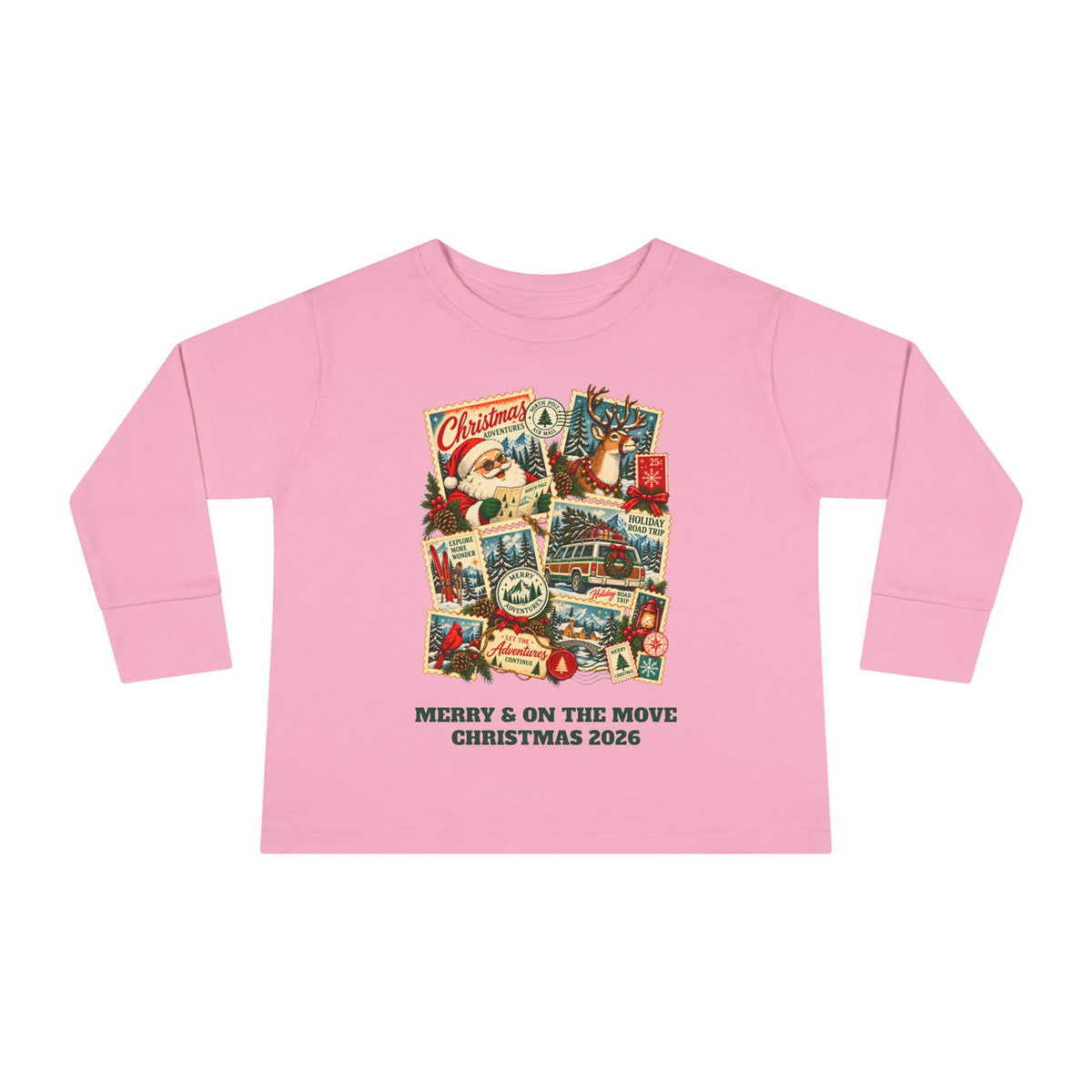 Custom Toddler Christmas Adventures Vintage Stamp Long Sleeve Shirt