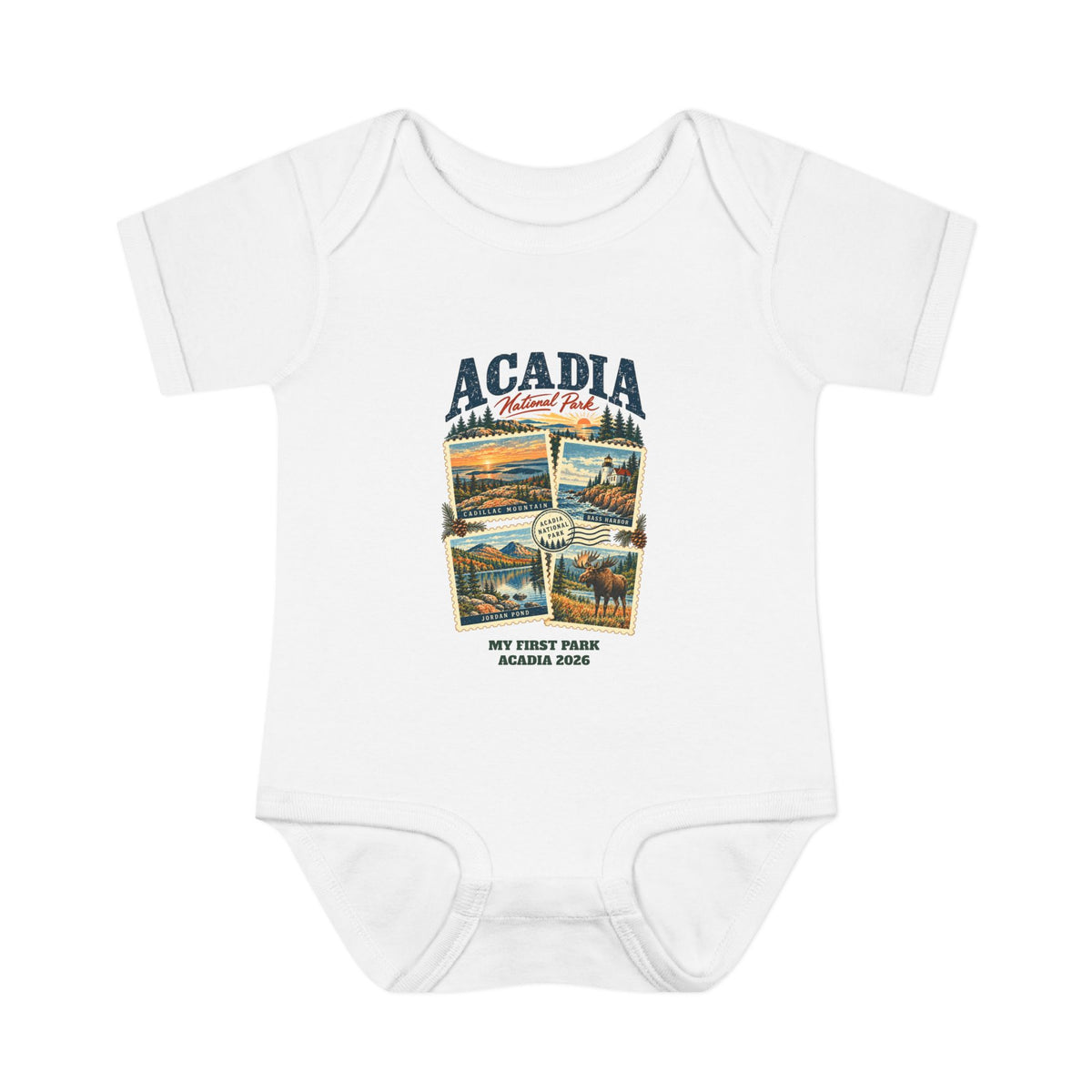 Custom Baby Acadia National Park Stamp Collage Onesie