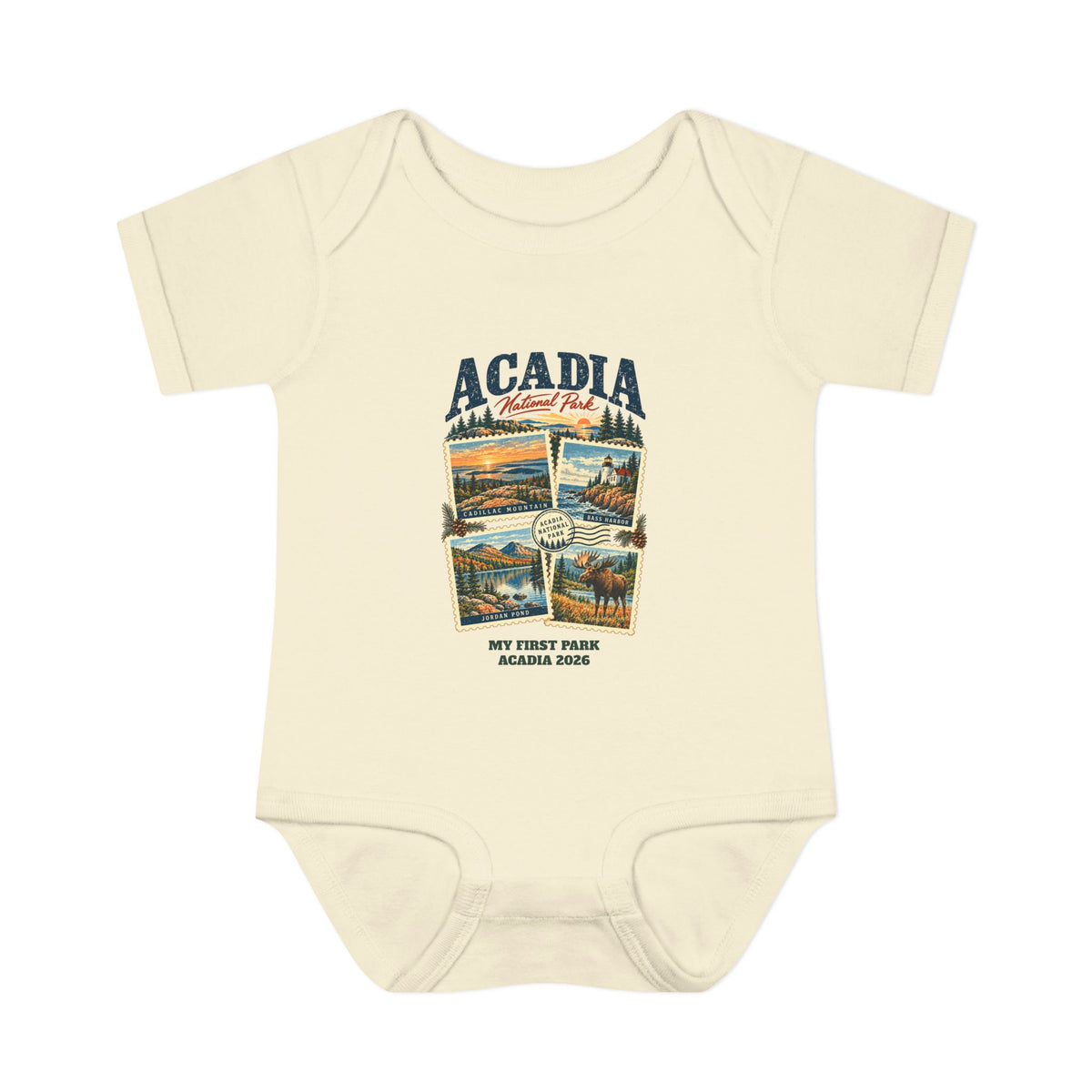 Custom Baby Acadia National Park Stamp Collage Onesie