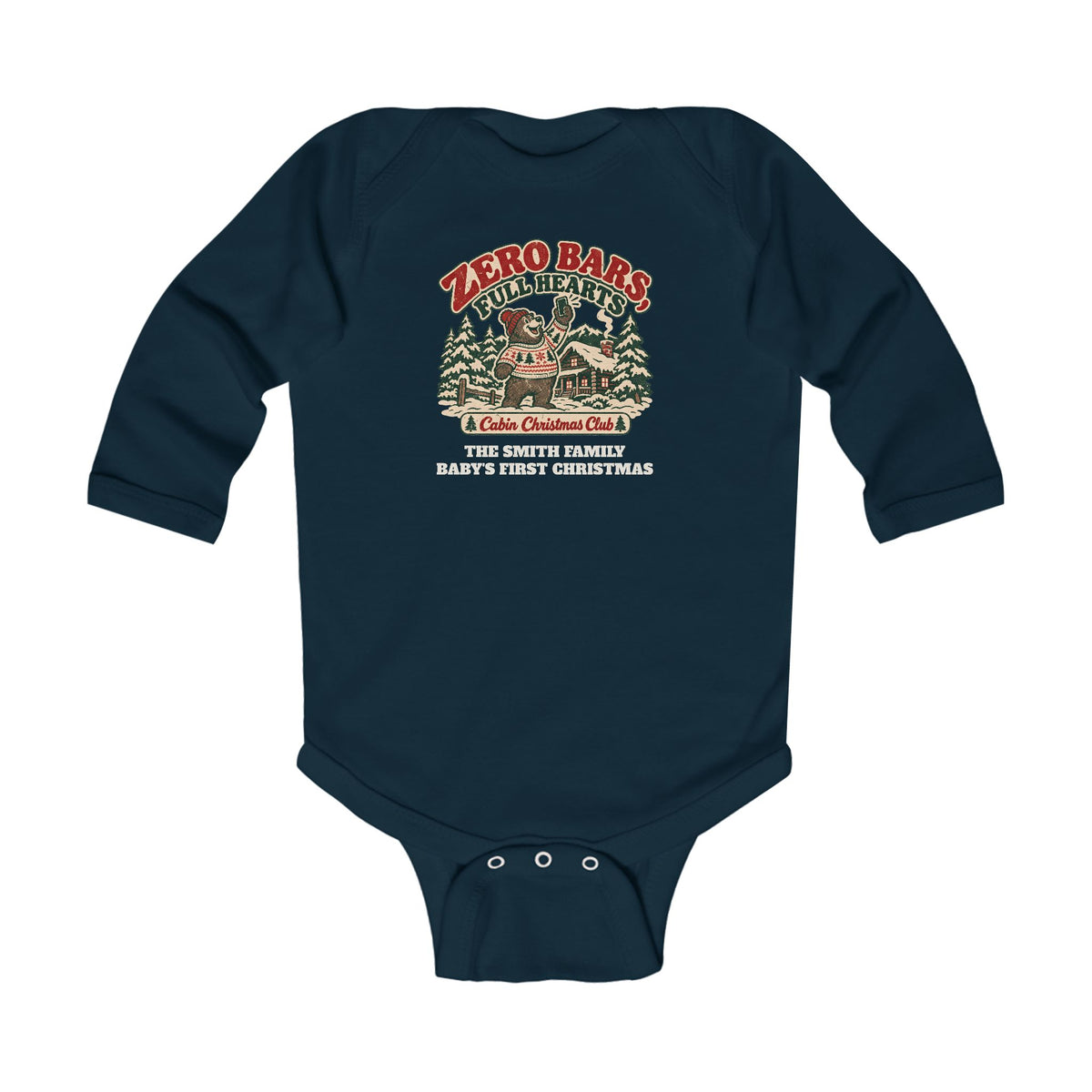 Custom Baby Zero Bars Full Hearts Cabin Christmas Long Sleeve Onesie
