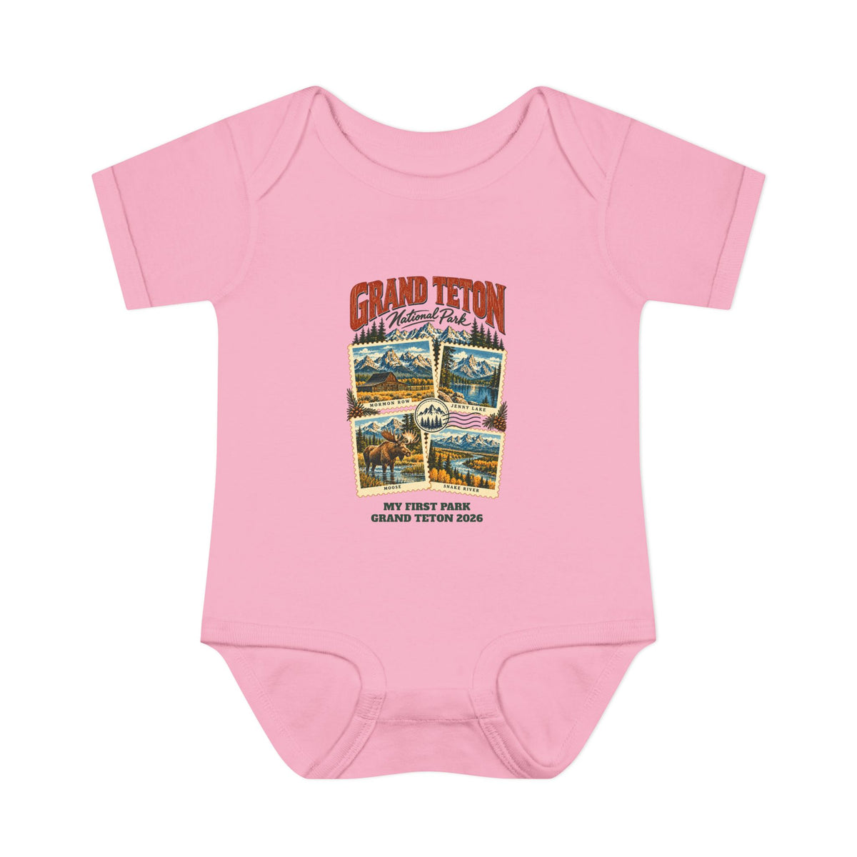 Custom Baby Grand Teton National Park Stamp Collage Onesie