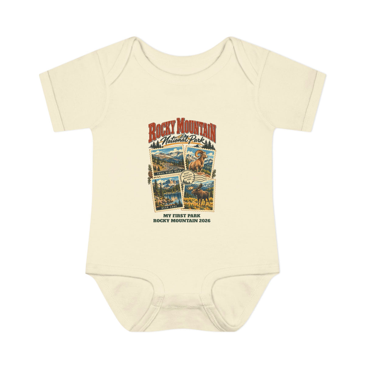 Custom Baby Rocky Mountain National Park Stamp Collage Onesie