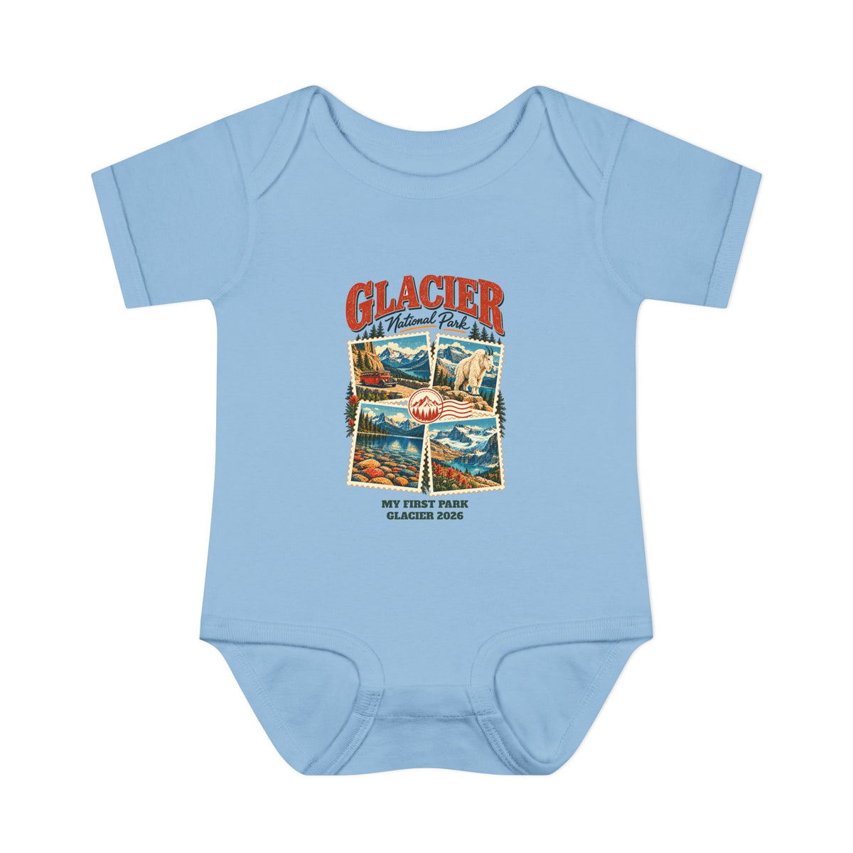 Custom Baby Glacier National Park Stamp Collage Onesie