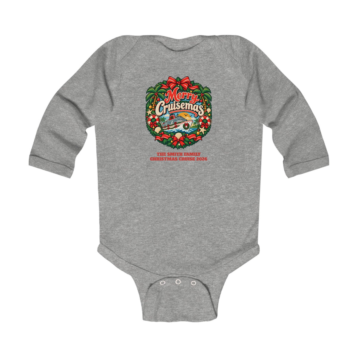 Custom Baby Merry Cruisemas Wreath Christmas Cruise Long Sleeve Onesie