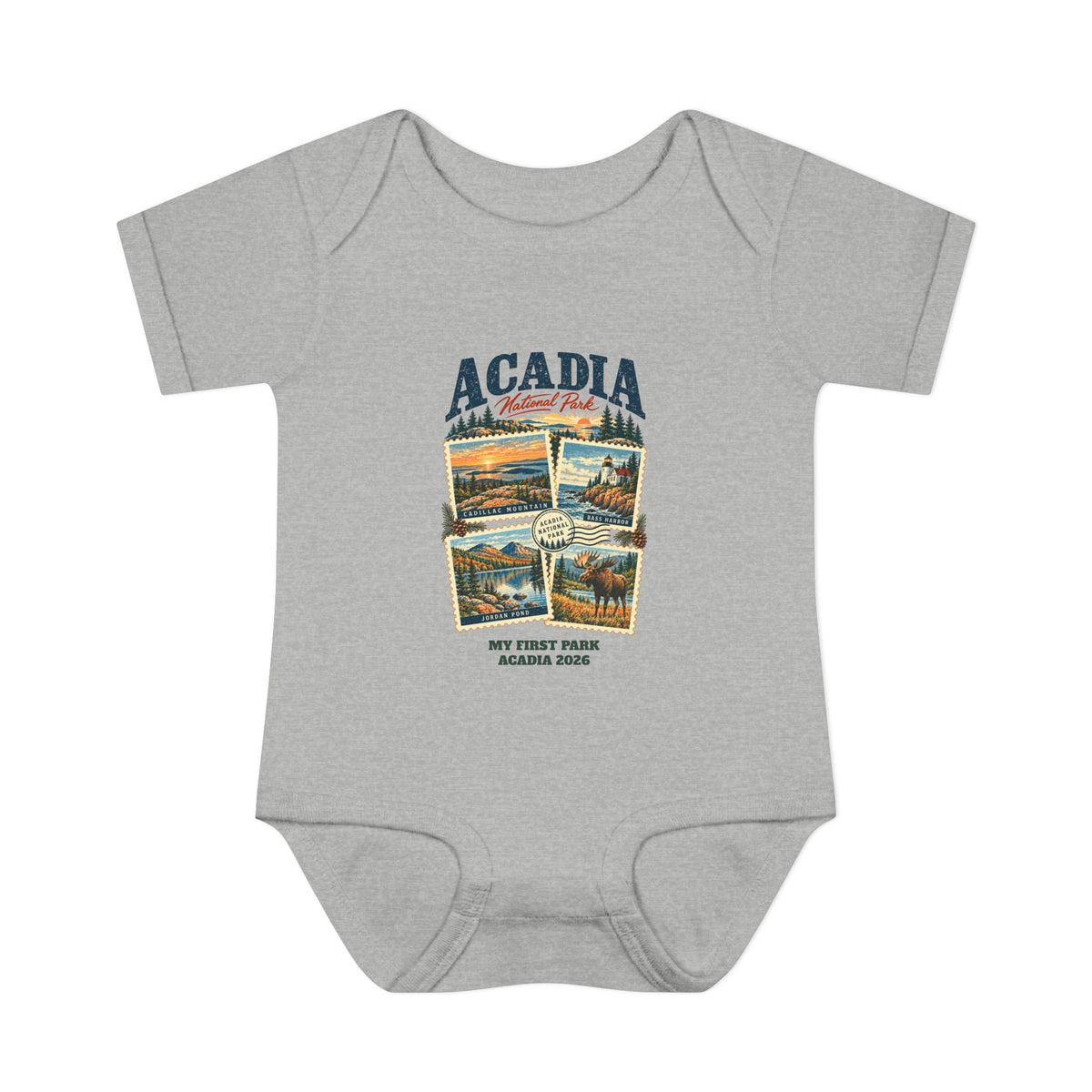 Custom Baby Acadia National Park Stamp Collage Onesie