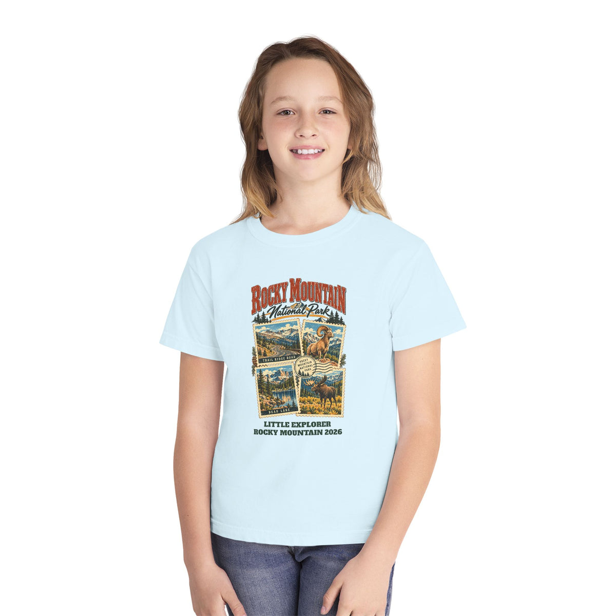 Custom Kids Rocky Mountain National Park Stamp Collage Shirt