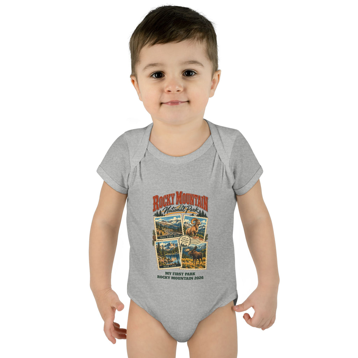 Custom Baby Rocky Mountain National Park Stamp Collage Onesie
