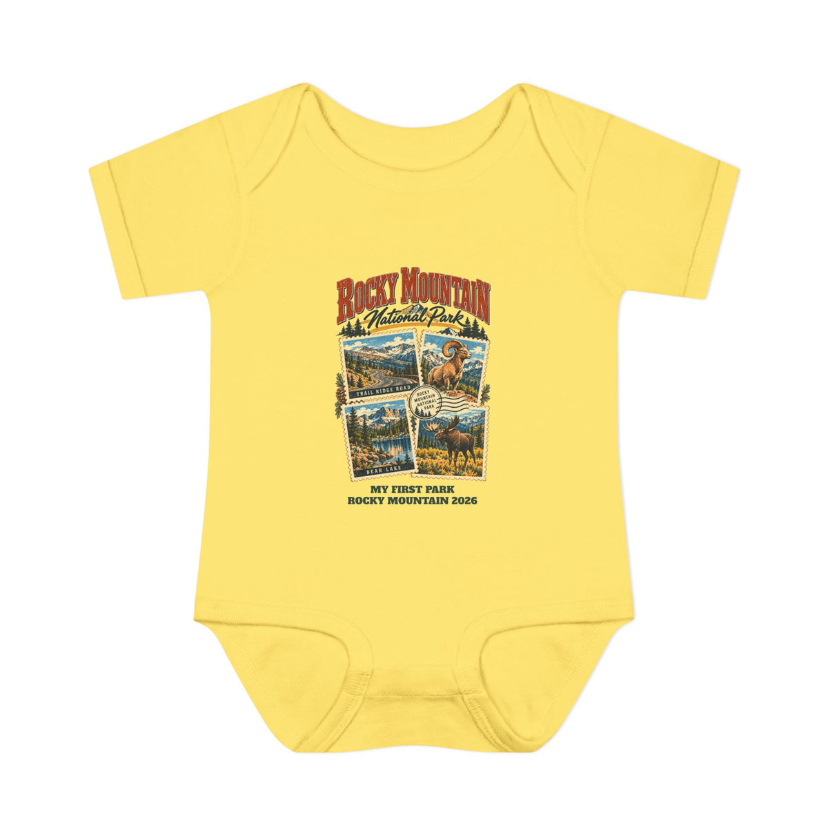 Custom Baby Rocky Mountain National Park Stamp Collage Onesie