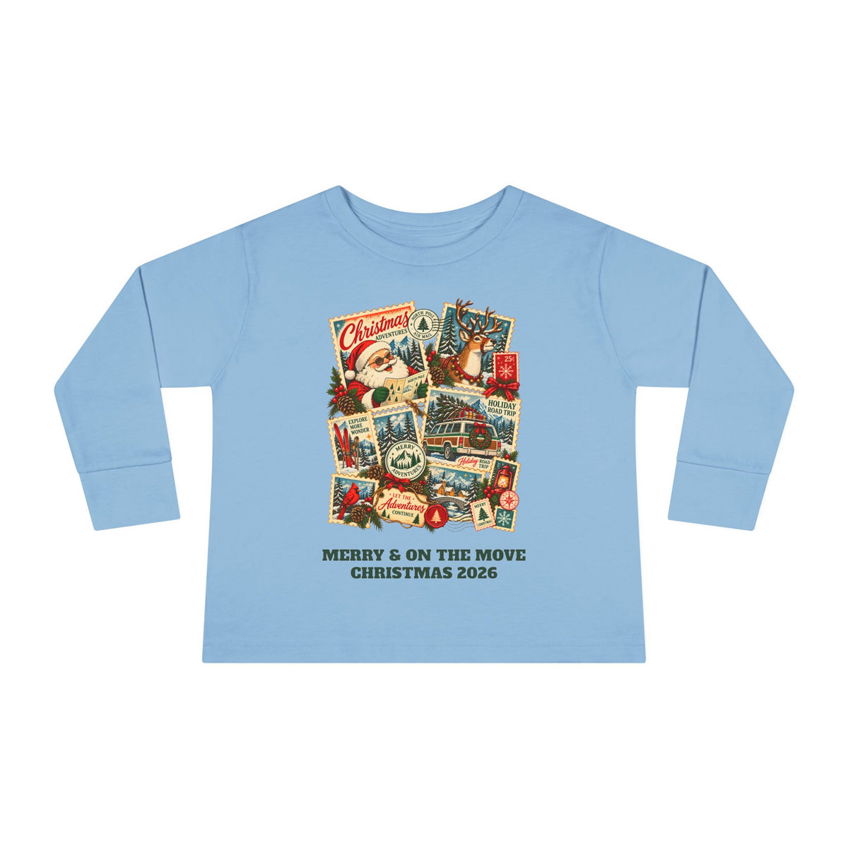 Custom Toddler Christmas Adventures Vintage Stamp Long Sleeve Shirt