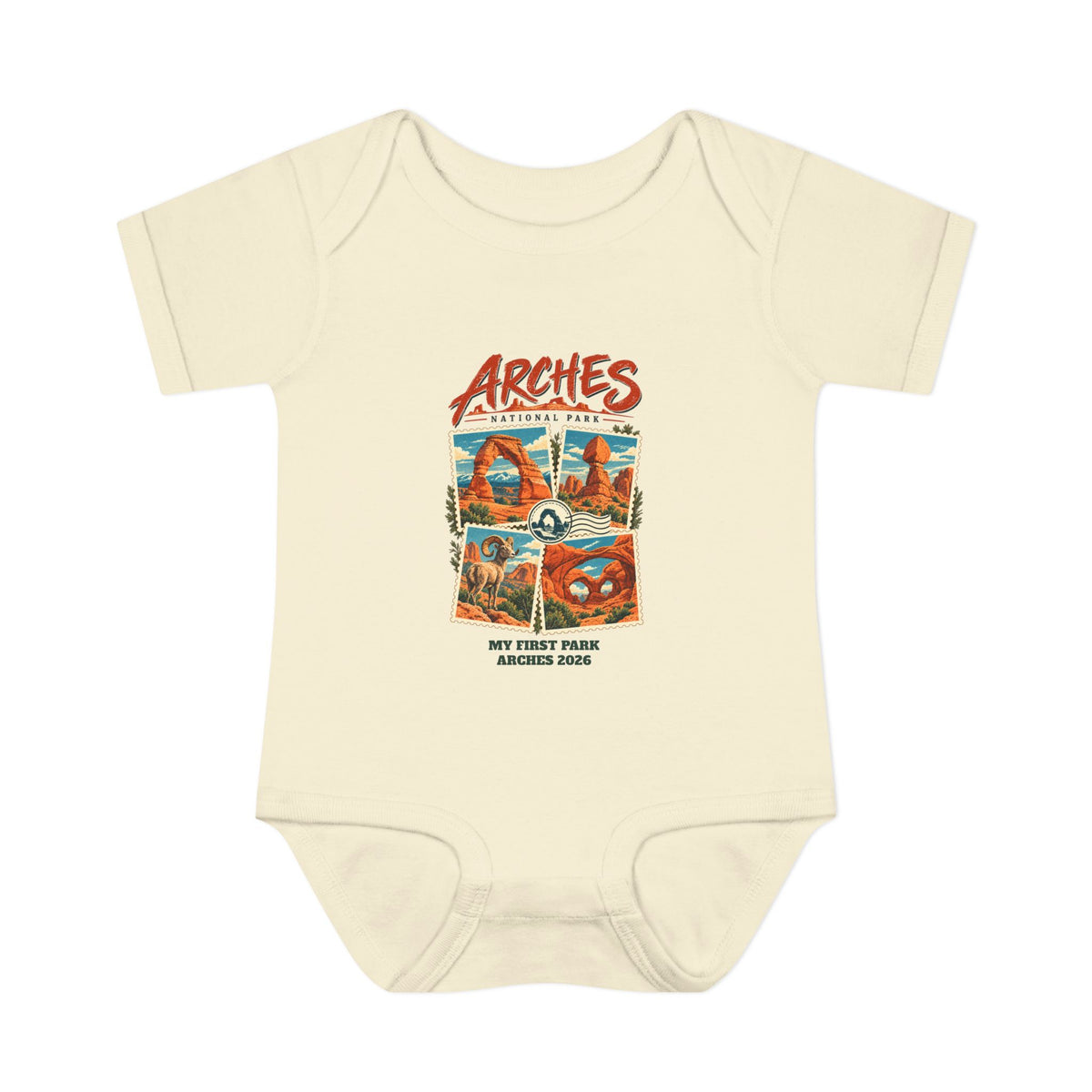 Custom Baby Arches National Park Stamp Collage Onesie