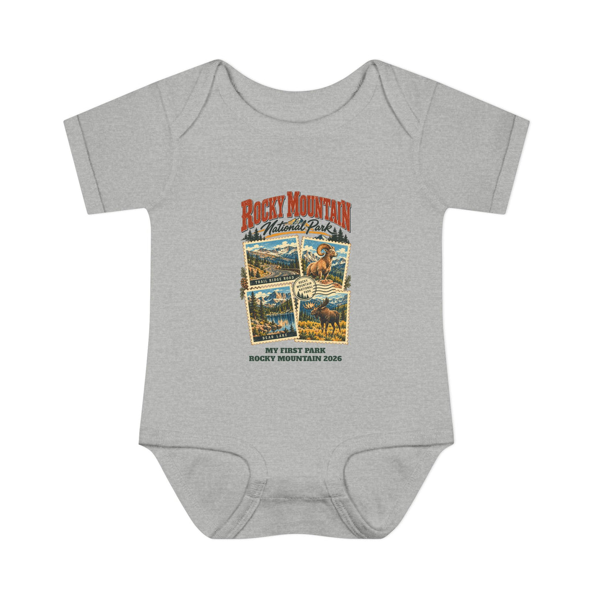 Custom Baby Rocky Mountain National Park Stamp Collage Onesie