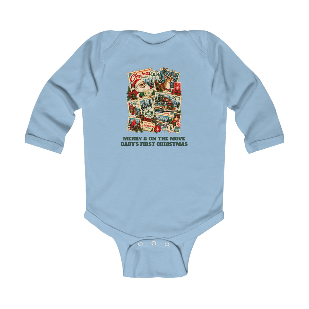 Custom Baby Christmas Adventures Vintage Stamp Long Sleeve Onesie
