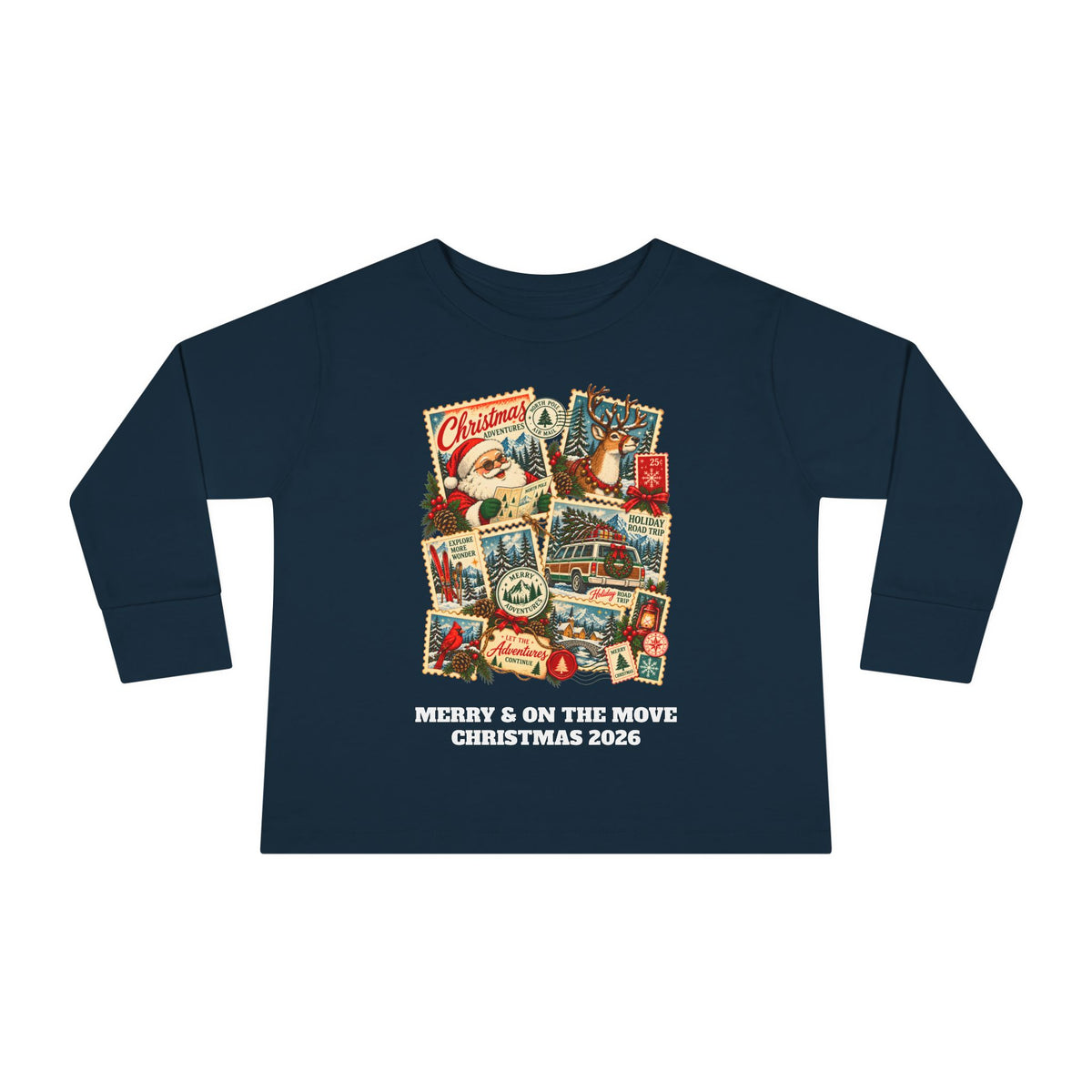 Custom Toddler Christmas Adventures Vintage Stamp Long Sleeve Shirt
