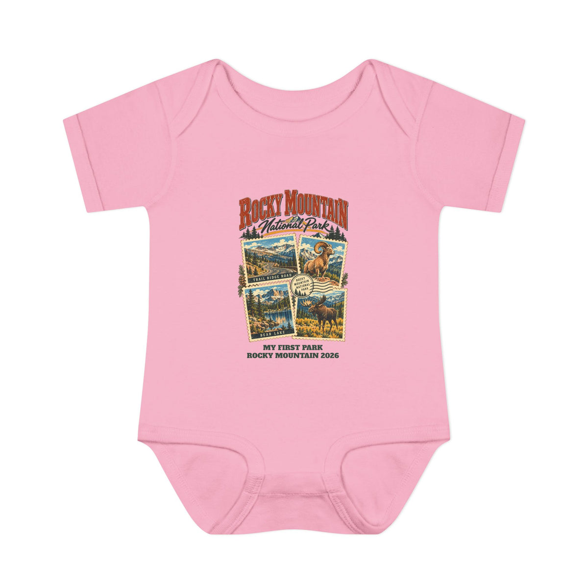 Custom Baby Rocky Mountain National Park Stamp Collage Onesie