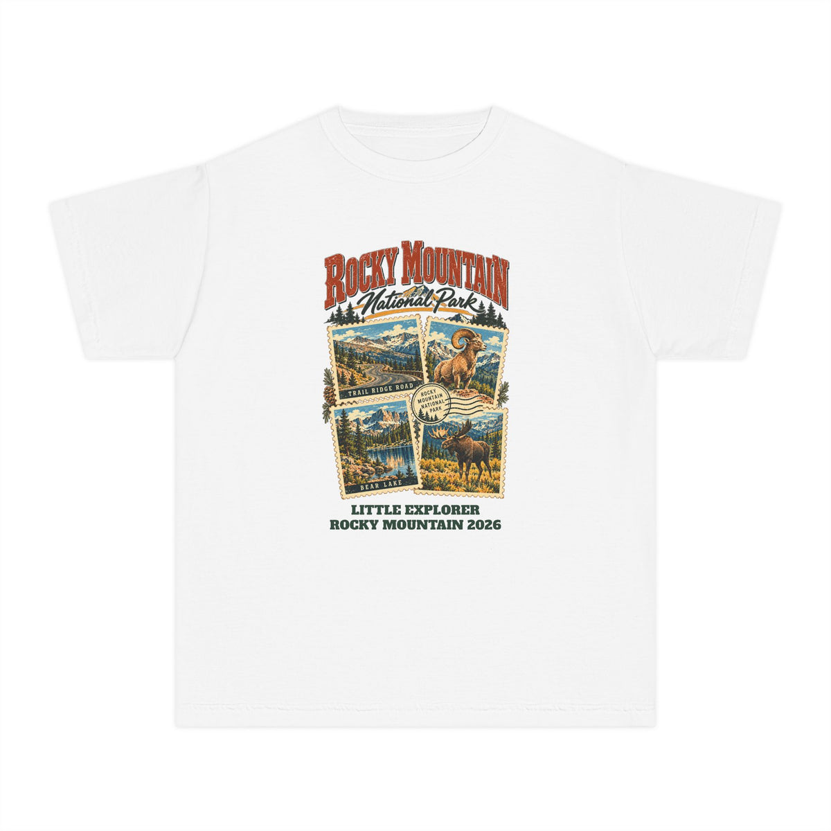 Custom Kids Rocky Mountain National Park Stamp Collage Shirt