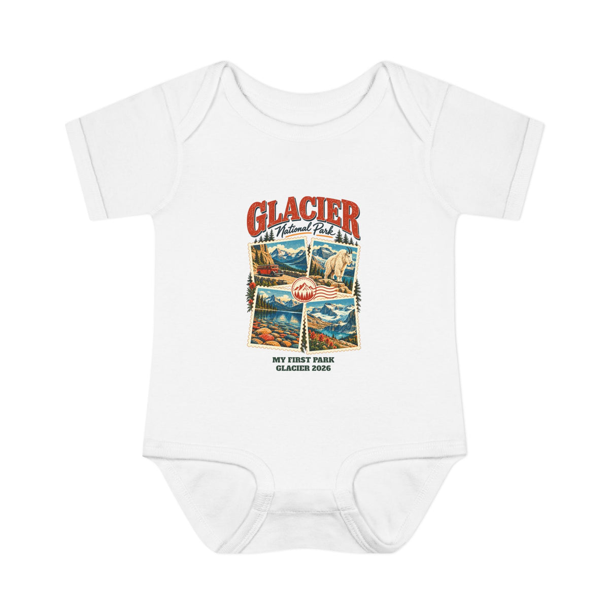 Custom Baby Glacier National Park Stamp Collage Onesie
