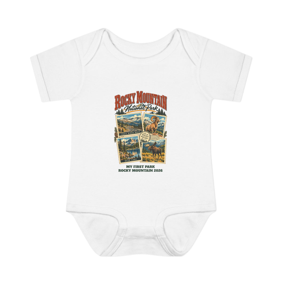 Custom Baby Rocky Mountain National Park Stamp Collage Onesie