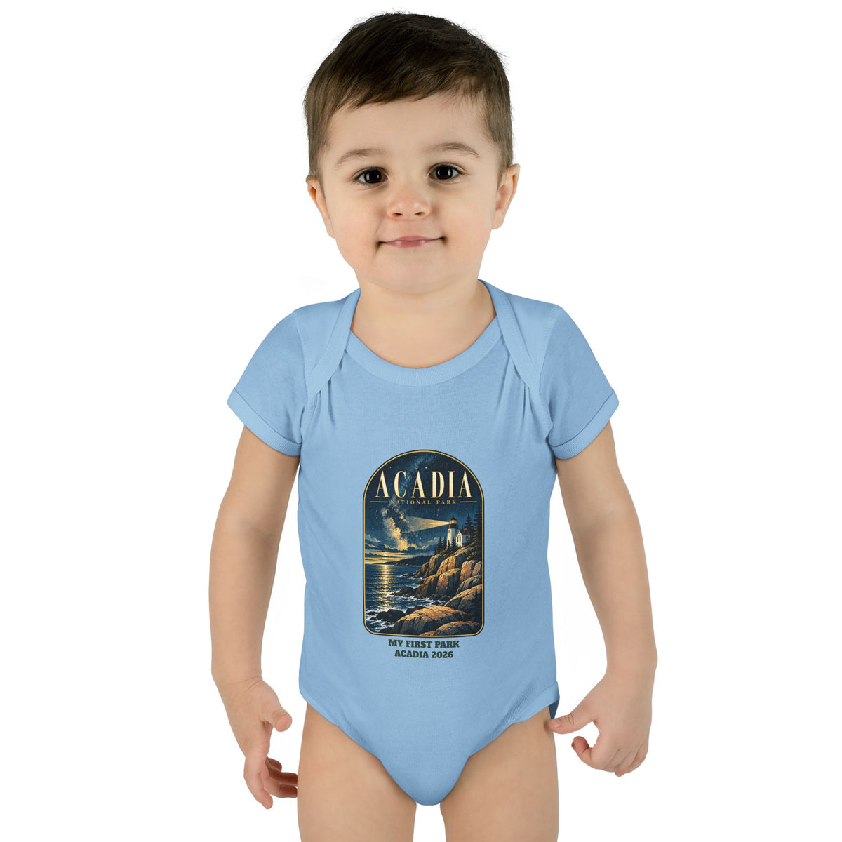 Custom Baby Acadia National Park Lighthouse Night Sky Onesie