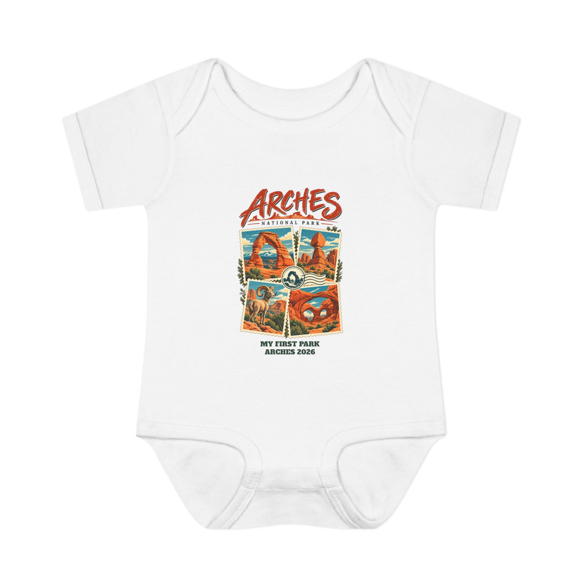 Custom Baby Arches National Park Stamp Collage Onesie