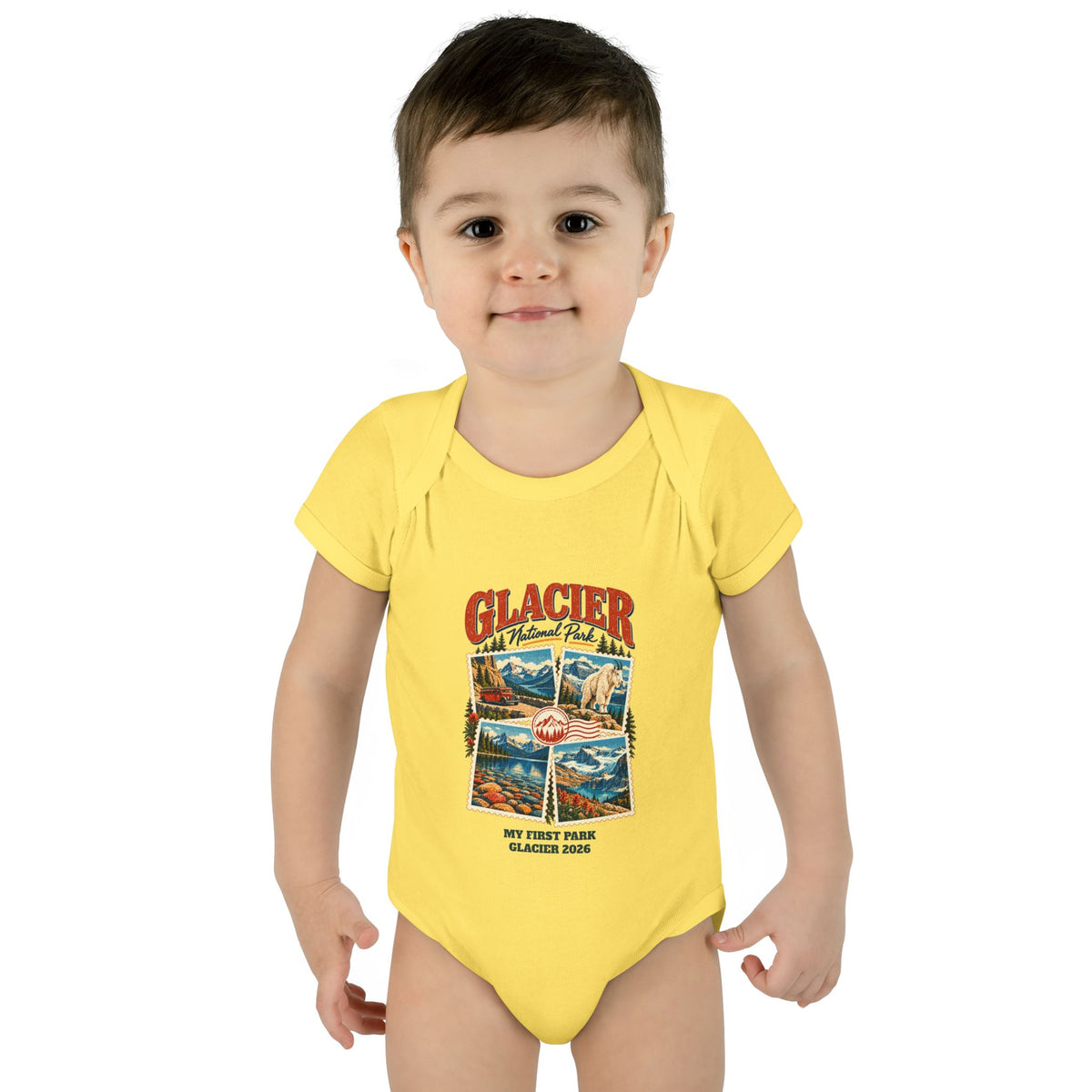 Custom Baby Glacier National Park Stamp Collage Onesie