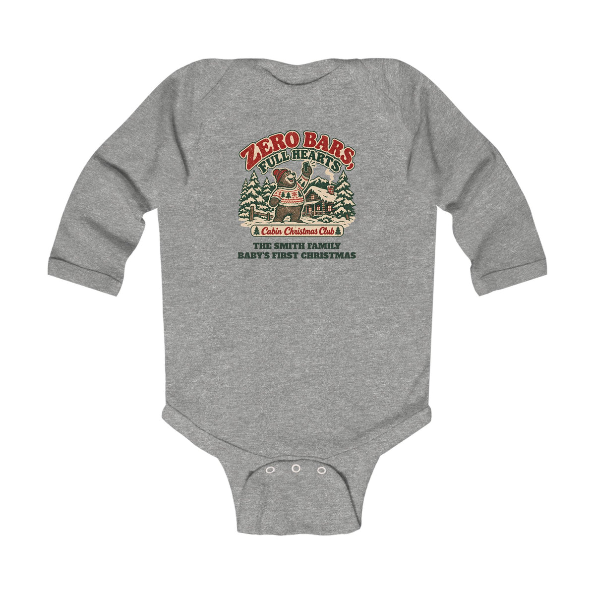 Custom Baby Zero Bars Full Hearts Cabin Christmas Long Sleeve Bodysuit