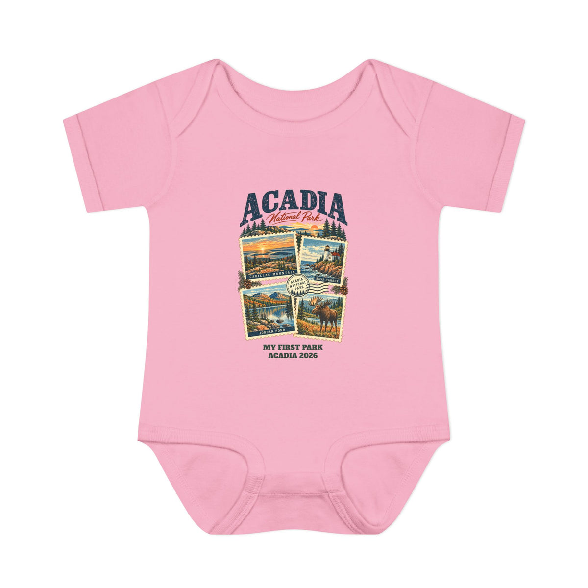 Custom Baby Acadia National Park Stamp Collage Onesie
