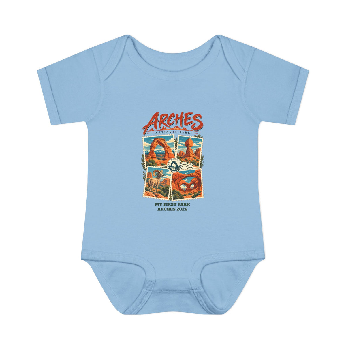 Custom Baby Arches National Park Stamp Collage Onesie