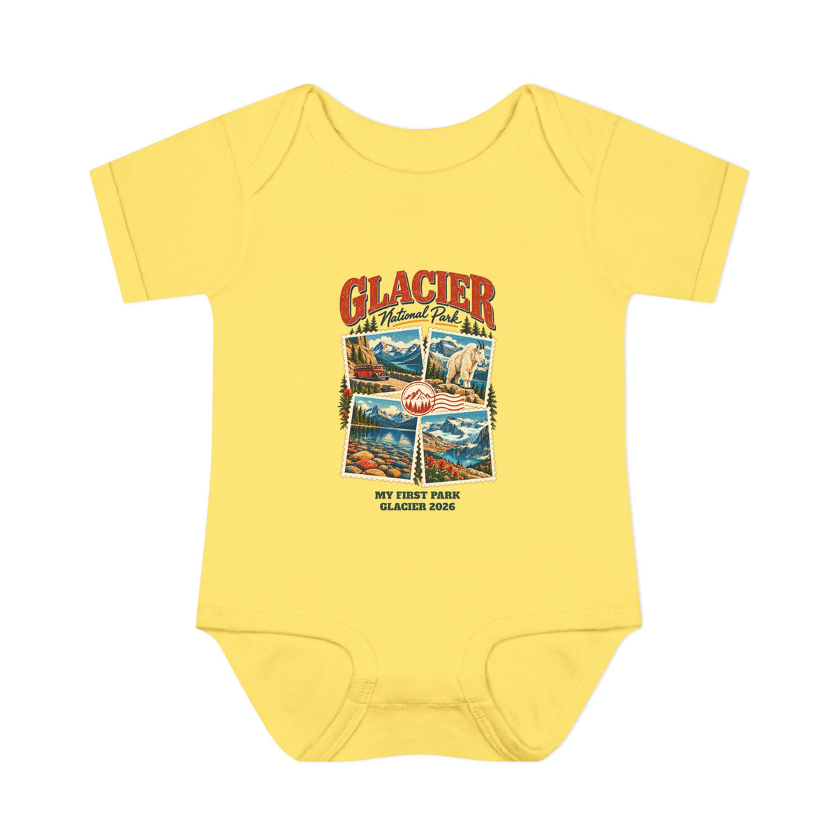 Custom Baby Glacier National Park Stamp Collage Onesie