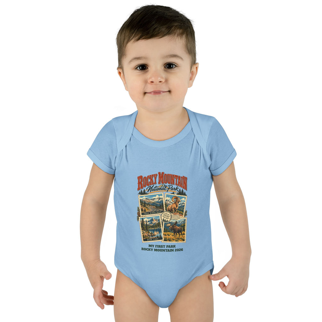 Custom Baby Rocky Mountain National Park Stamp Collage Onesie