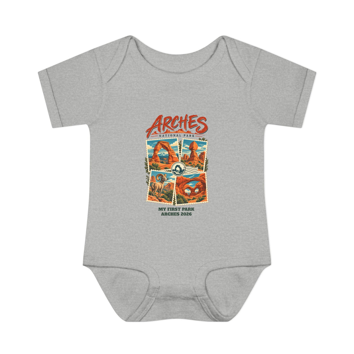Custom Baby Arches National Park Stamp Collage Onesie