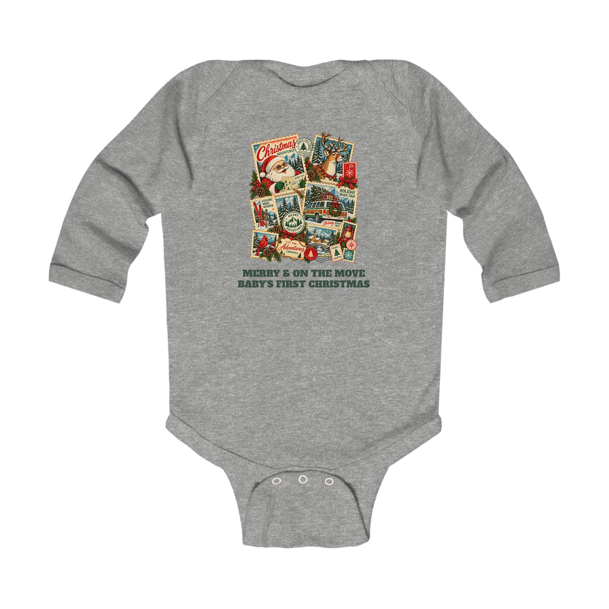 Custom Baby Christmas Adventures Vintage Stamp Long Sleeve Onesie