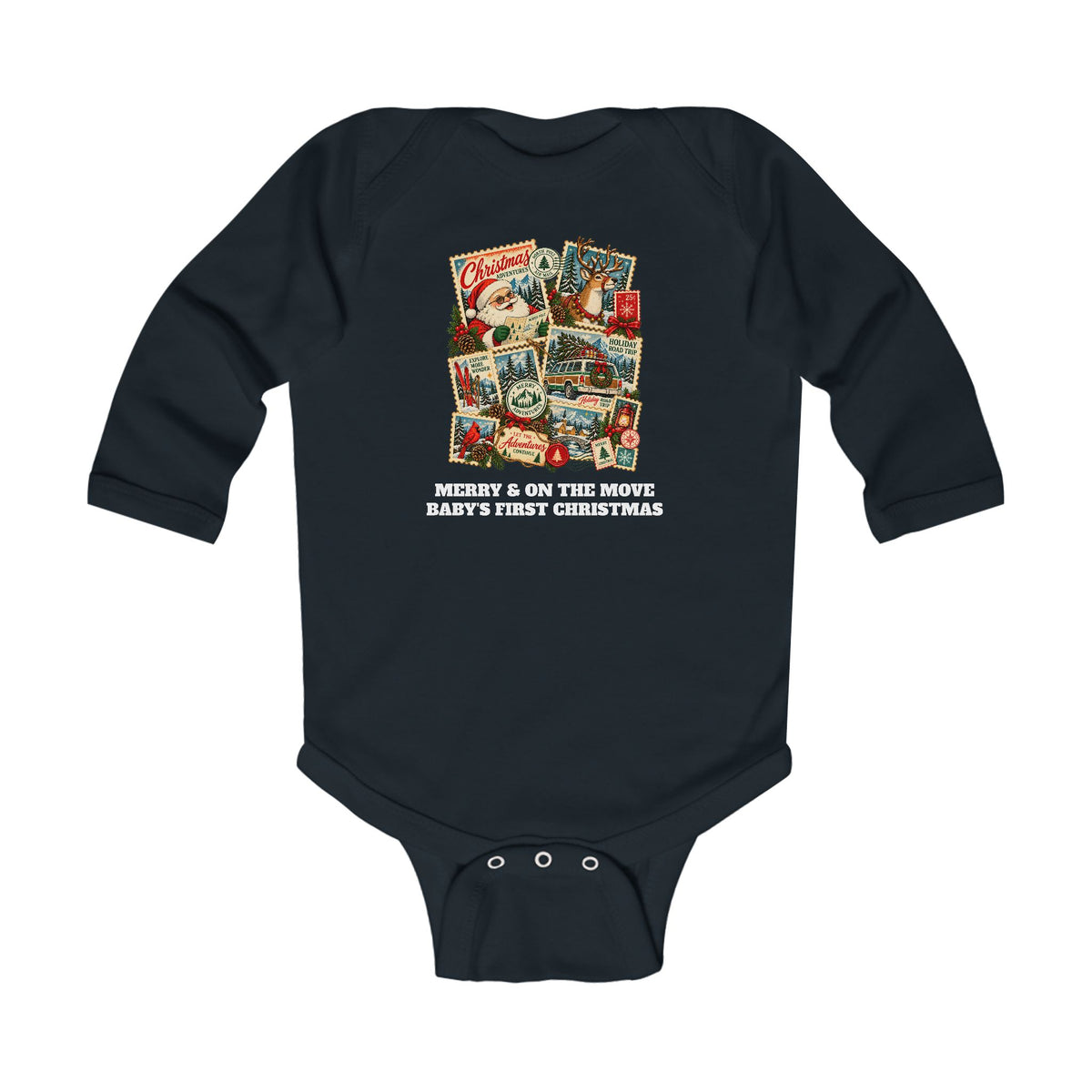 Custom Baby Christmas Adventures Vintage Stamp Long Sleeve Onesie
