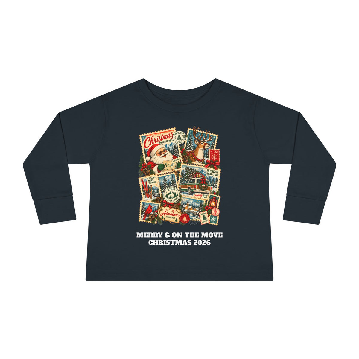 Custom Toddler Christmas Adventures Vintage Stamp Long Sleeve Shirt