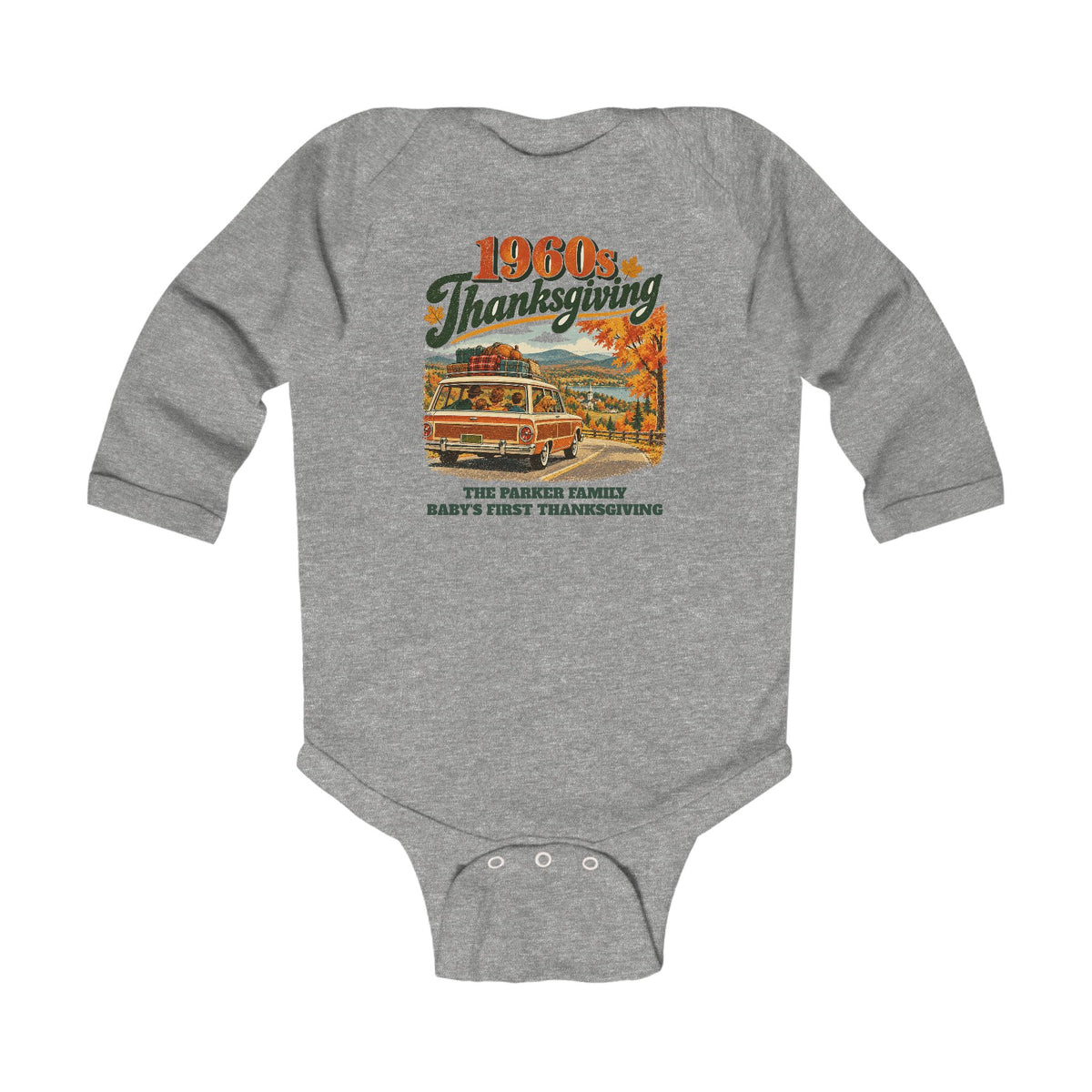 Custom Baby 1960s Thanksgiving Road Trip Long Sleeve Onesie