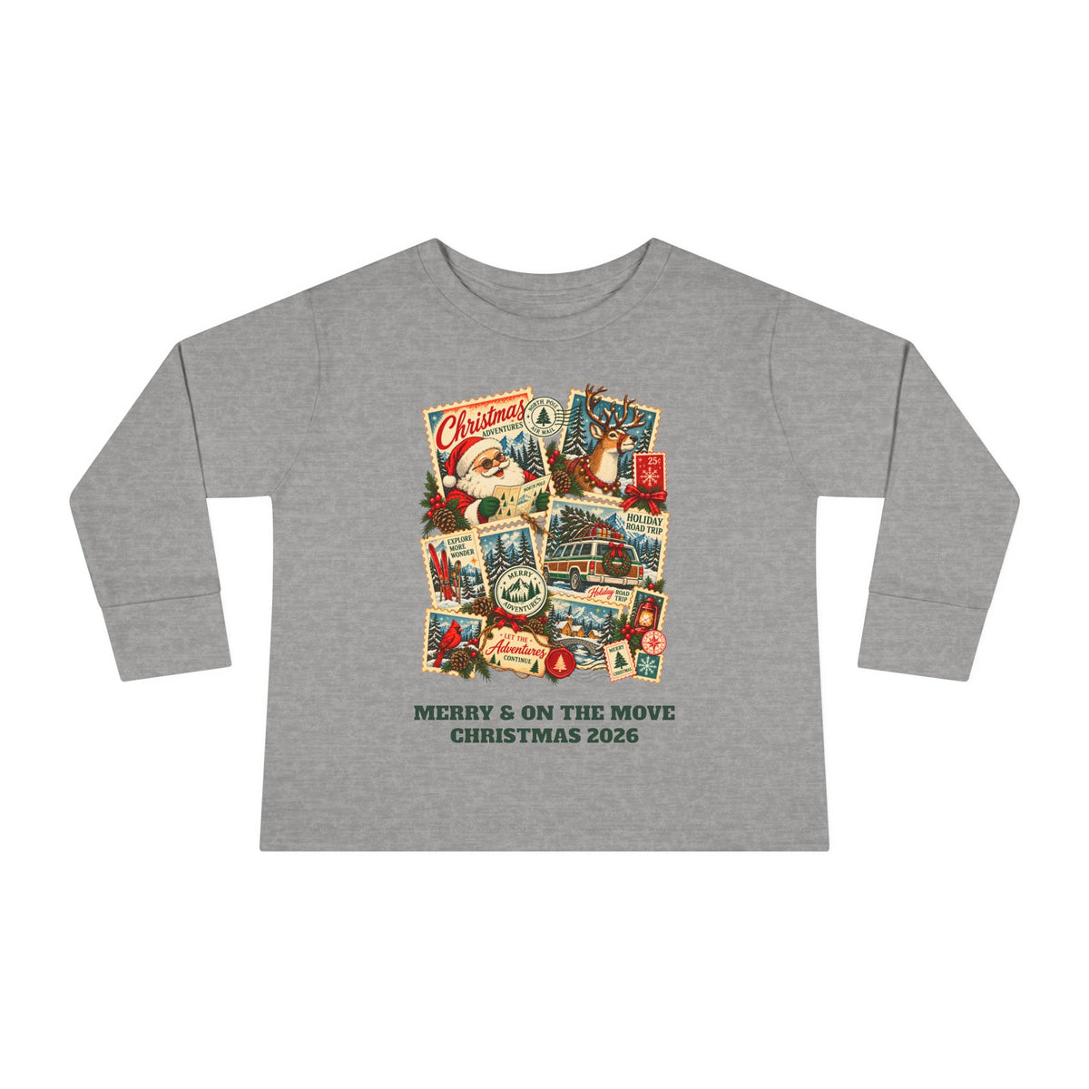 Custom Toddler Christmas Adventures Vintage Stamp Long Sleeve Shirt
