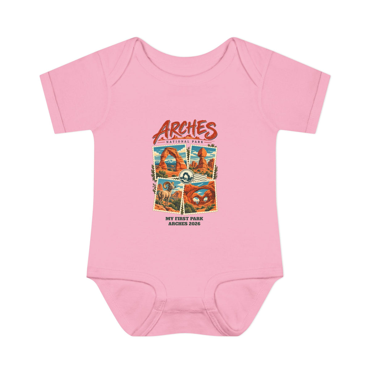 Custom Baby Arches National Park Stamp Collage Onesie