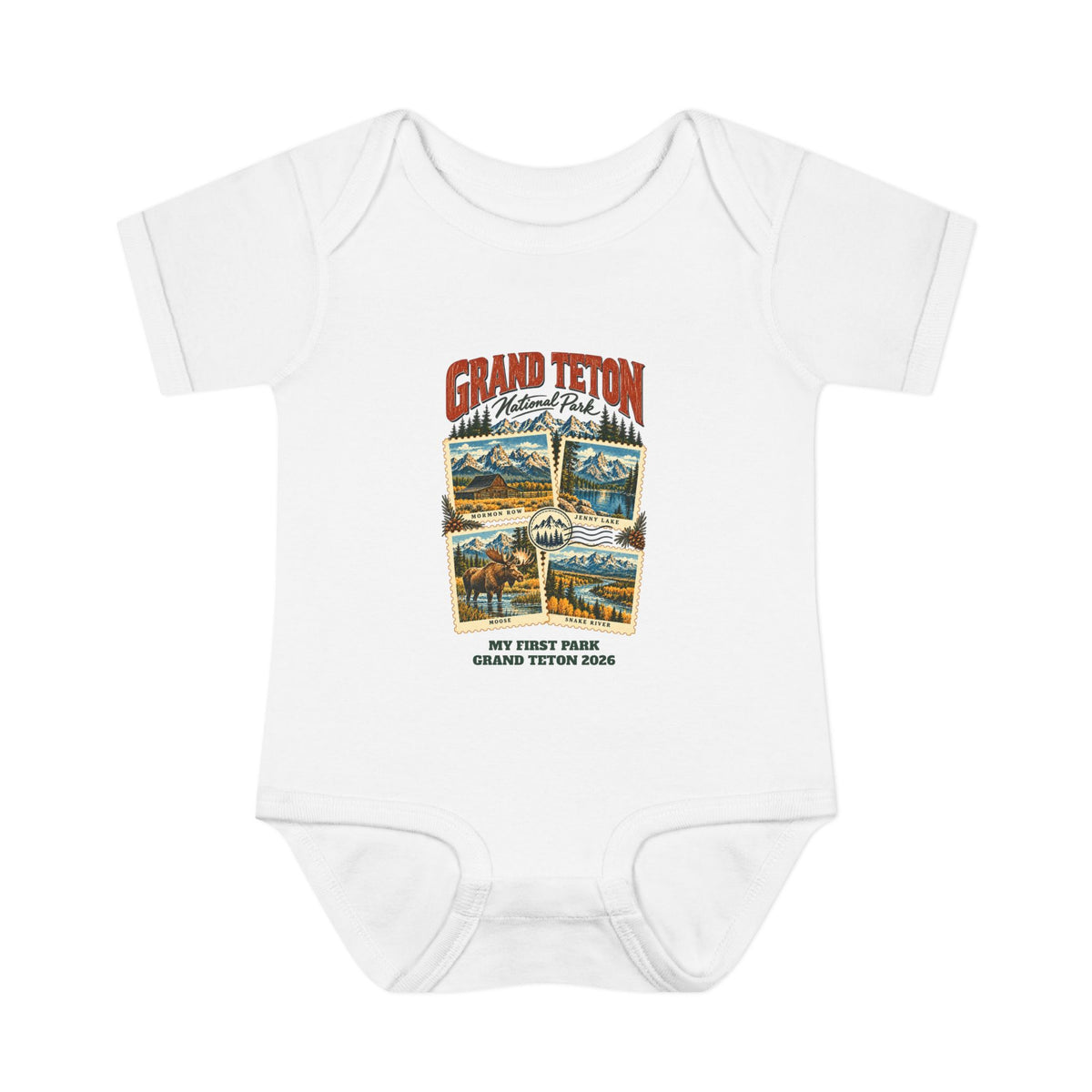 Custom Baby Grand Teton National Park Stamp Collage Onesie