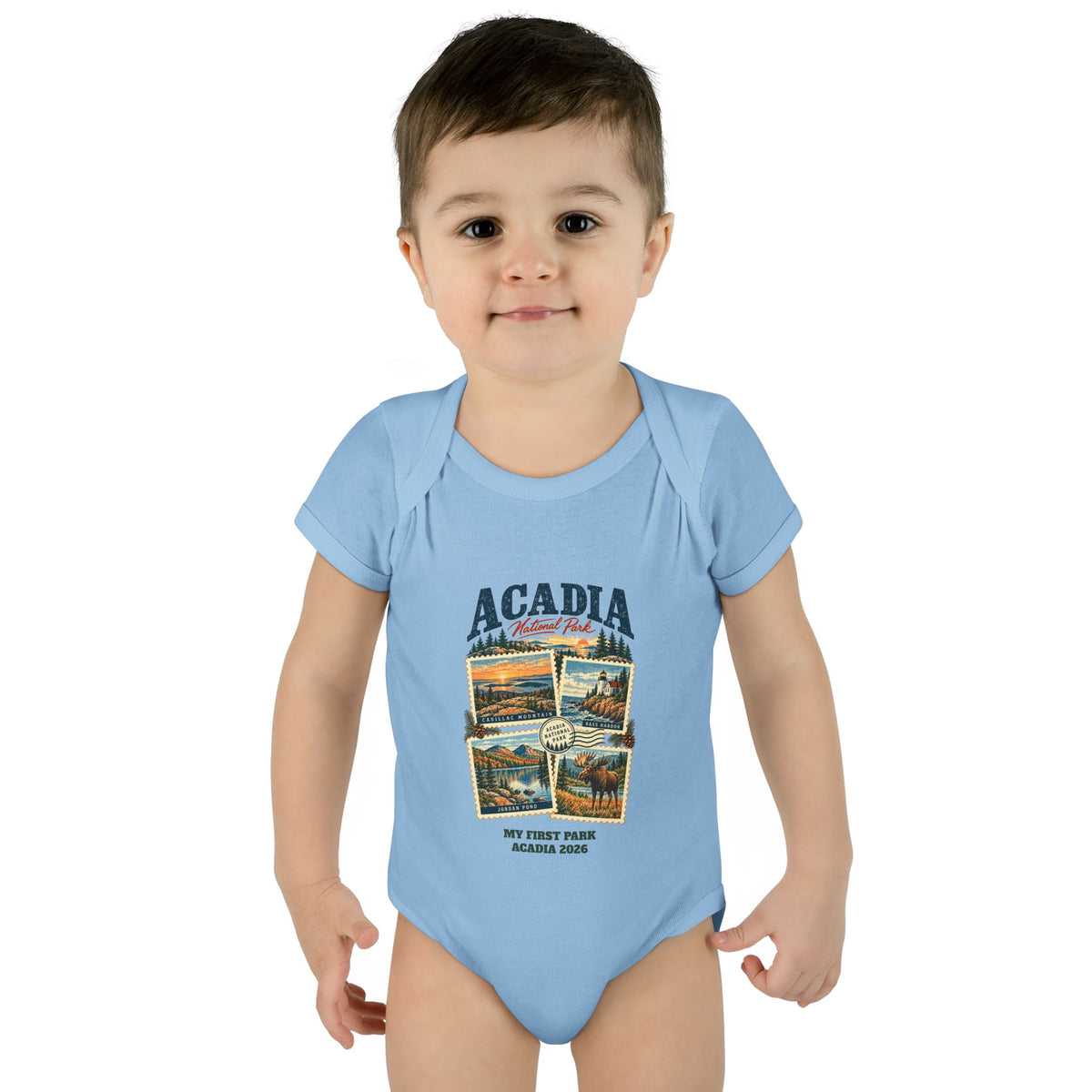 Custom Baby Acadia National Park Stamp Collage Onesie