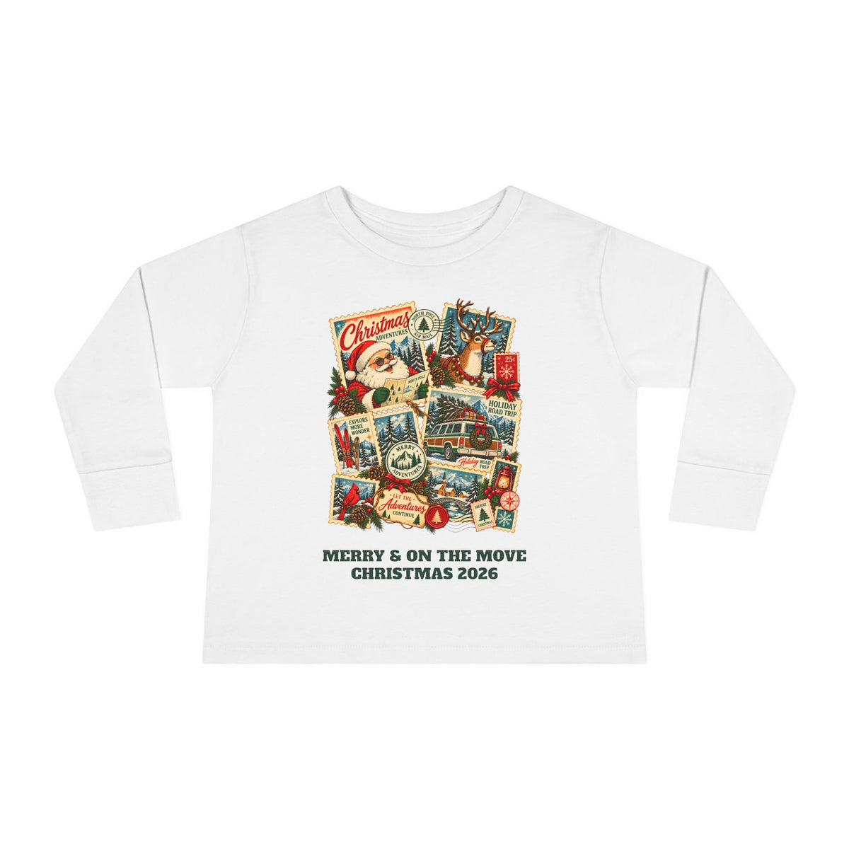 Custom Toddler Christmas Adventures Vintage Stamp Long Sleeve Shirt