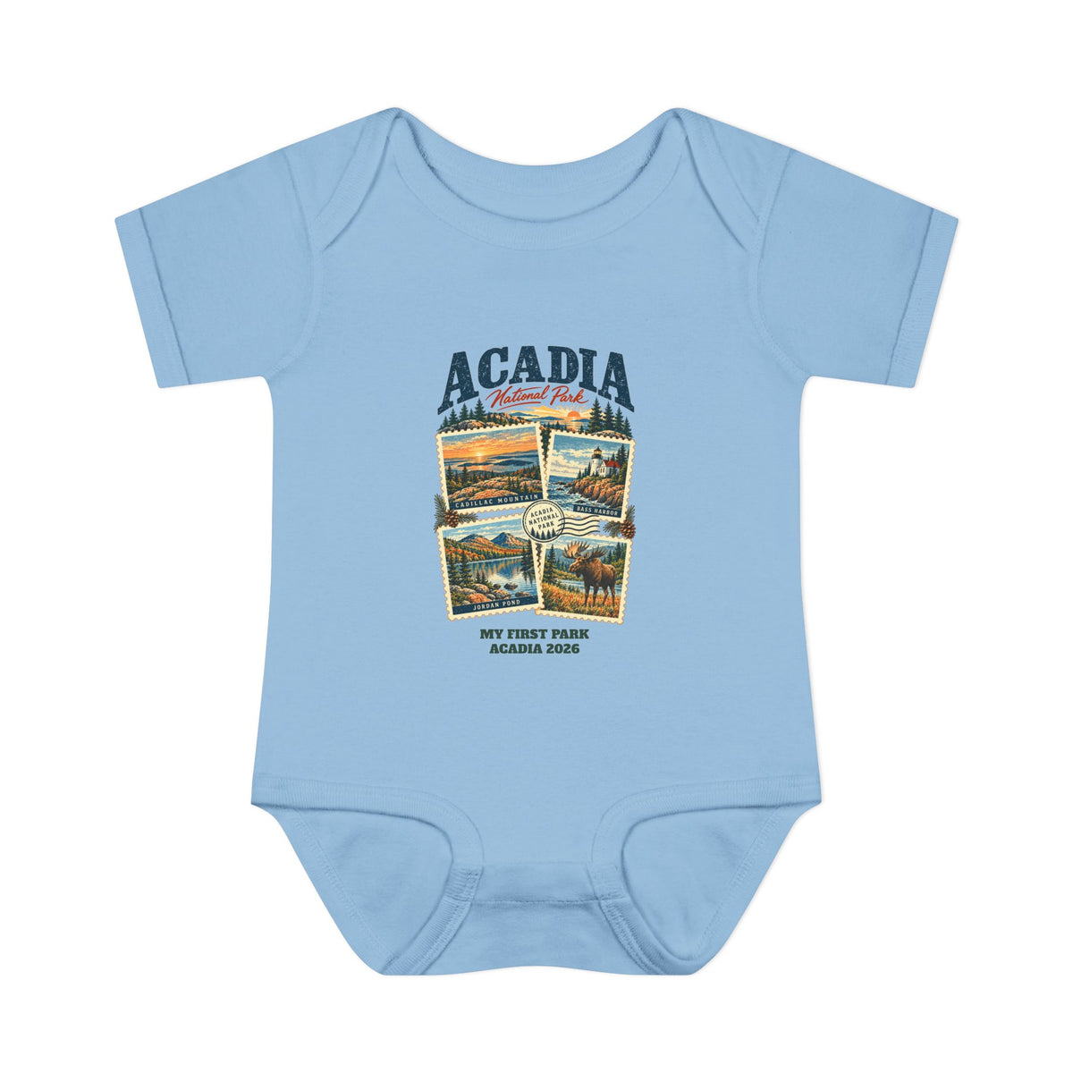 Custom Baby Acadia National Park Stamp Collage Onesie
