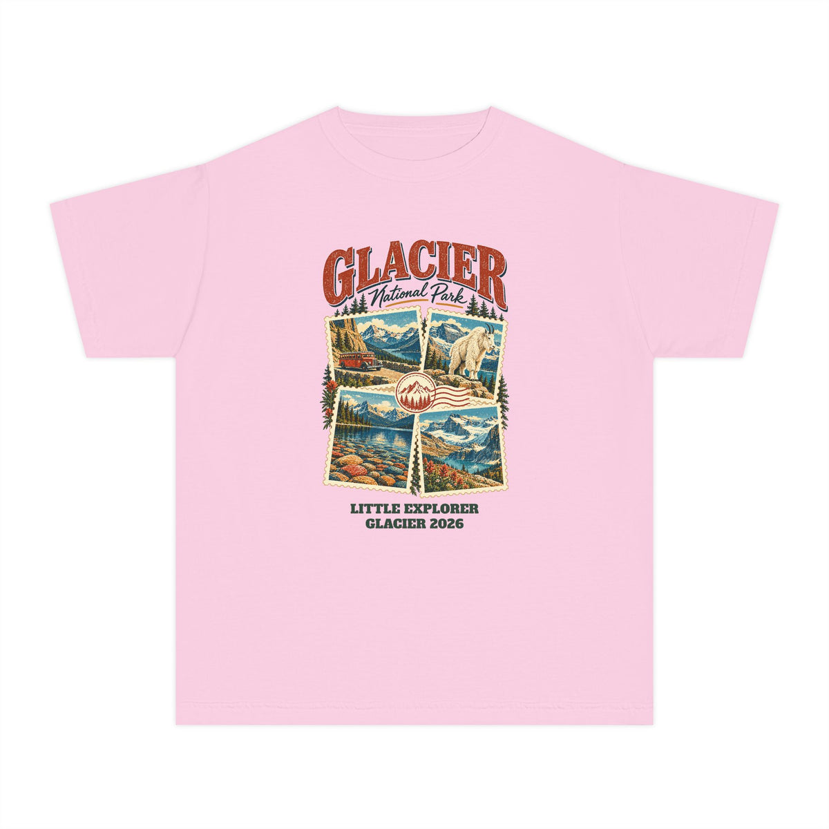 Custom Kids Glacier National Park Stamp Collage Shirt
