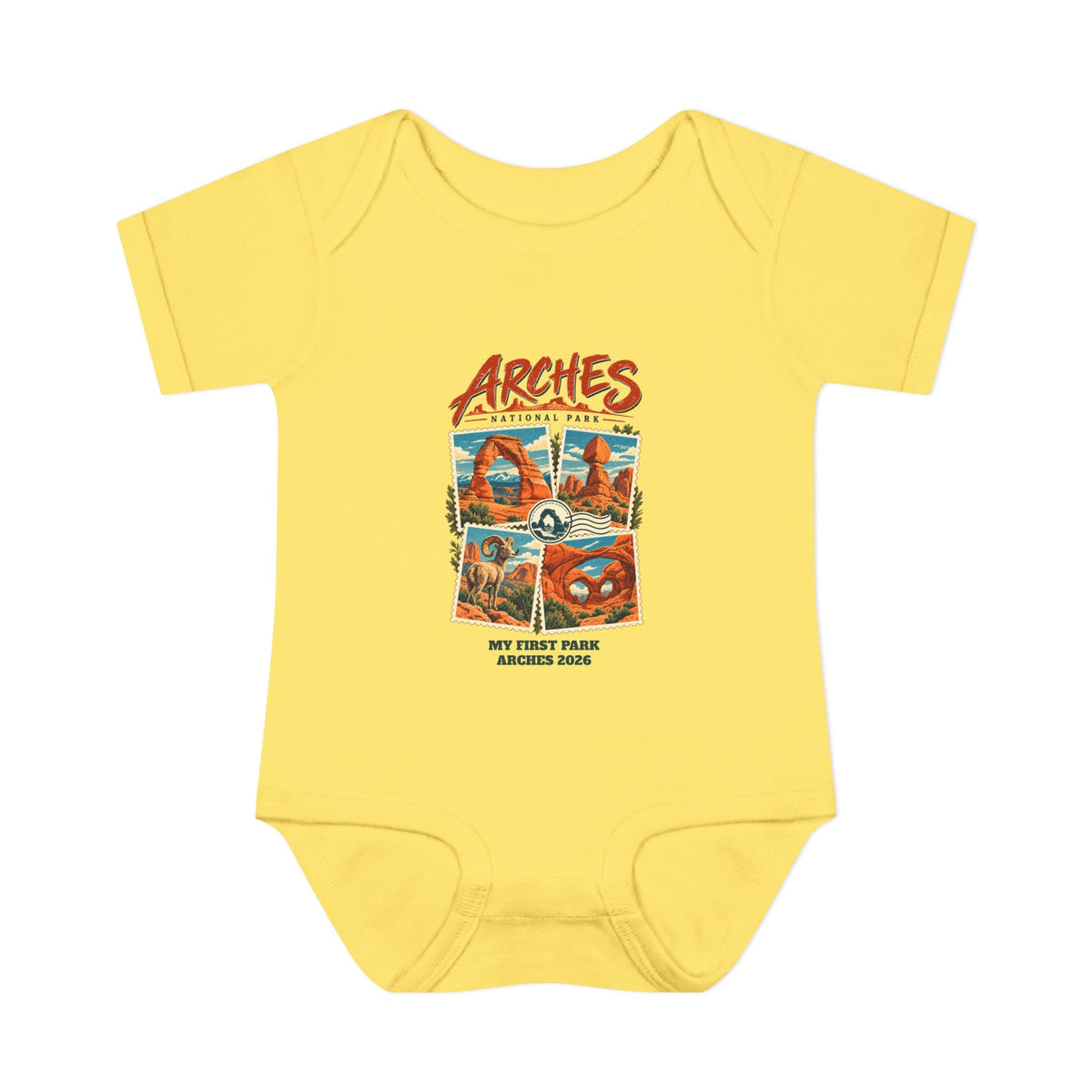 Custom Baby Arches National Park Stamp Collage Onesie