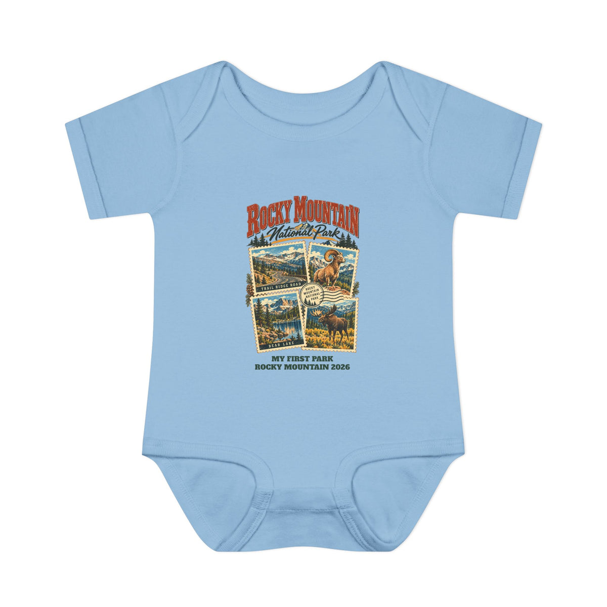 Custom Baby Rocky Mountain National Park Stamp Collage Onesie