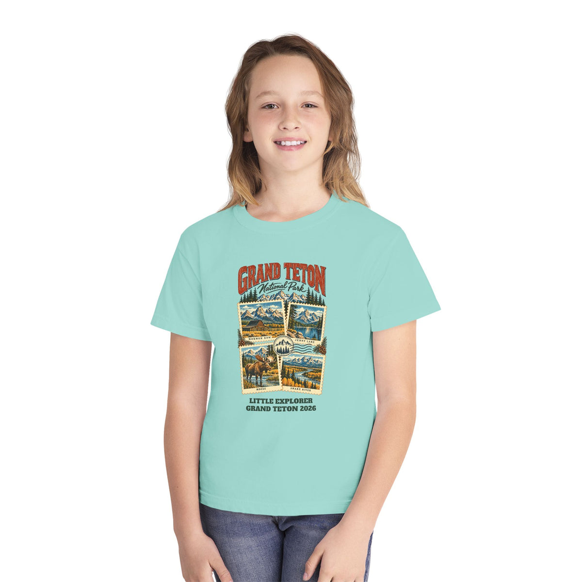 Custom Kids Grand Teton National Park Stamp Collage Shirt