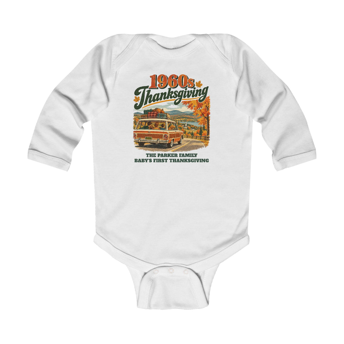 Custom Baby 1960s Thanksgiving Road Trip Long Sleeve Onesie