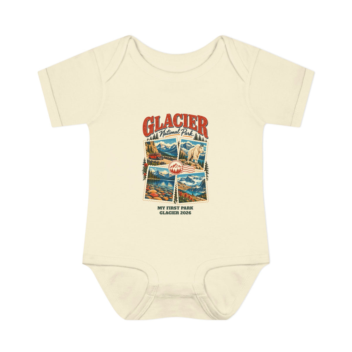 Custom Baby Glacier National Park Stamp Collage Onesie